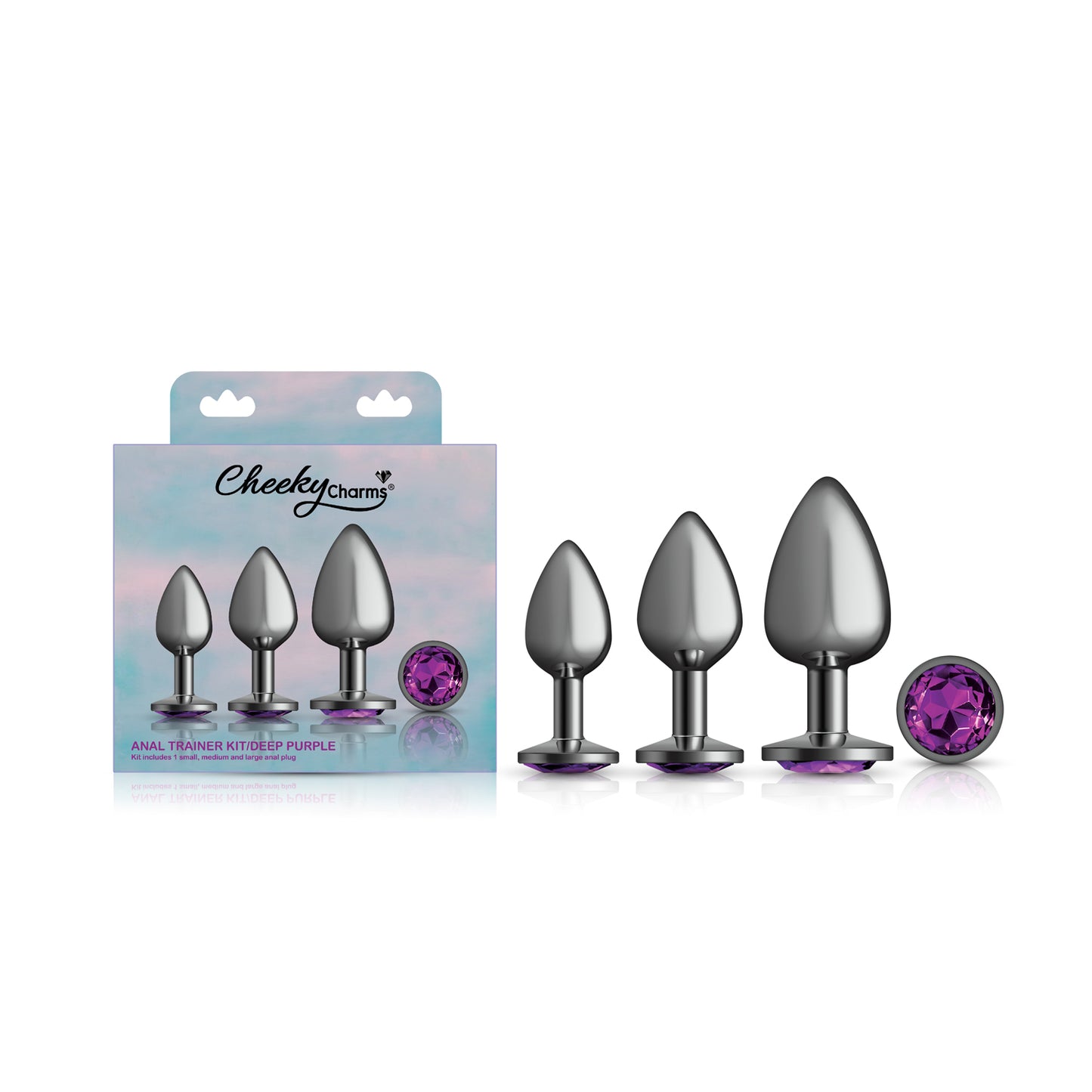 Cheeky Charms - Metal Butt Plug Gunmetal - Round - Deep Purple - Anal Trainer Kit | 850018691512 | Available at EroticWarehouse.com