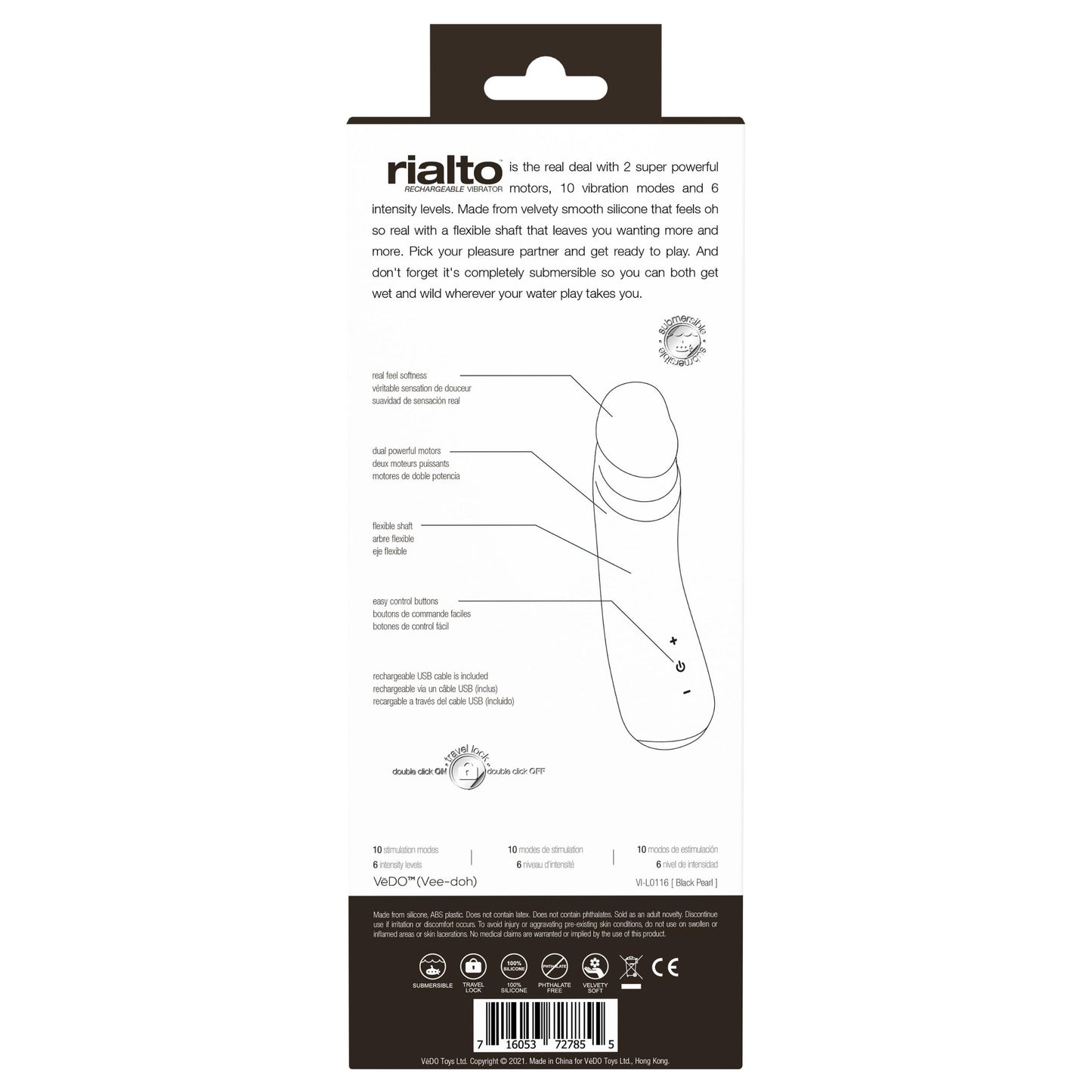 Rialto Rechargeable Vibrator - Black | 716053727855 | Available at EroticWarehouse.com