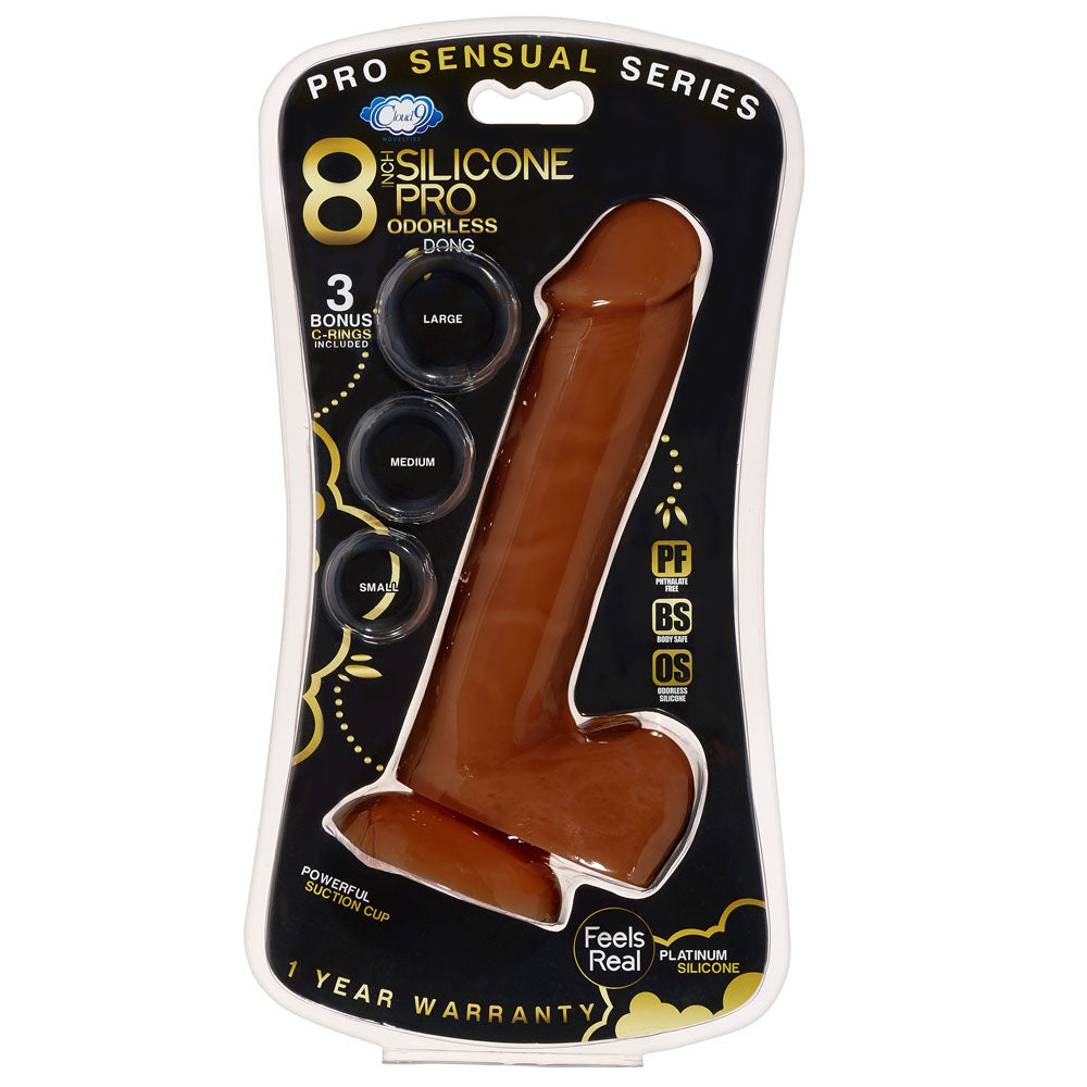 Pro Sensual Premium Silicone 8 Inch Dong With 3 Cockrings - Brown | 685239852875 | Available at EroticWarehouse.com