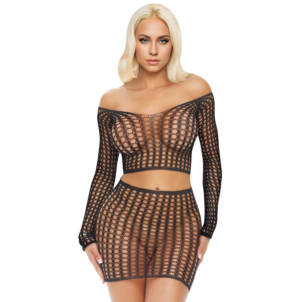 Electric Lingerie Long Sleeve Fishnet Crop Top & Mini Skirt Set O/S | 4890808285664 | Available at EroticWarehouse.com
