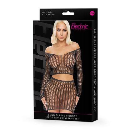 Electric Lingerie Long Sleeve Fishnet Crop Top & Mini Skirt Set O/S | 4890808285664 | Available at EroticWarehouse.com