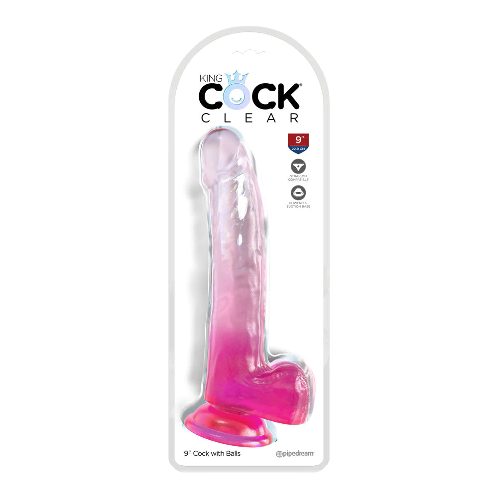 King Cock Clear 9" With Balls Pink | 603912775051 | Available at EroticWarehouse.com