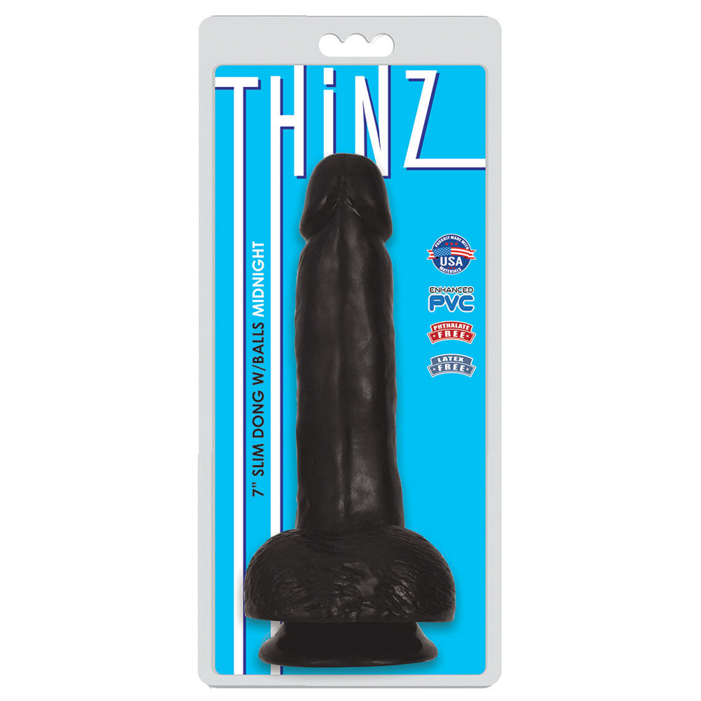 Thinz 7" Slim Dong W/Balls Midnight | 643380985354 | Available at EroticWarehouse.com