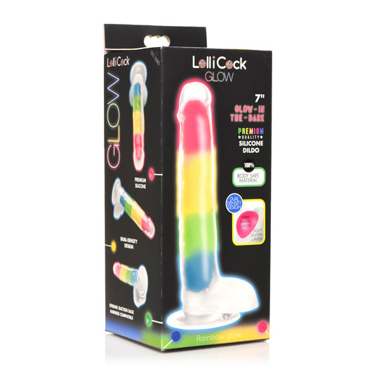 Lollicock 7" Glow-In-The-Dark Rainbow Silicone Dildo W/ Balls | 653078943733 | Available at EroticWarehouse.com