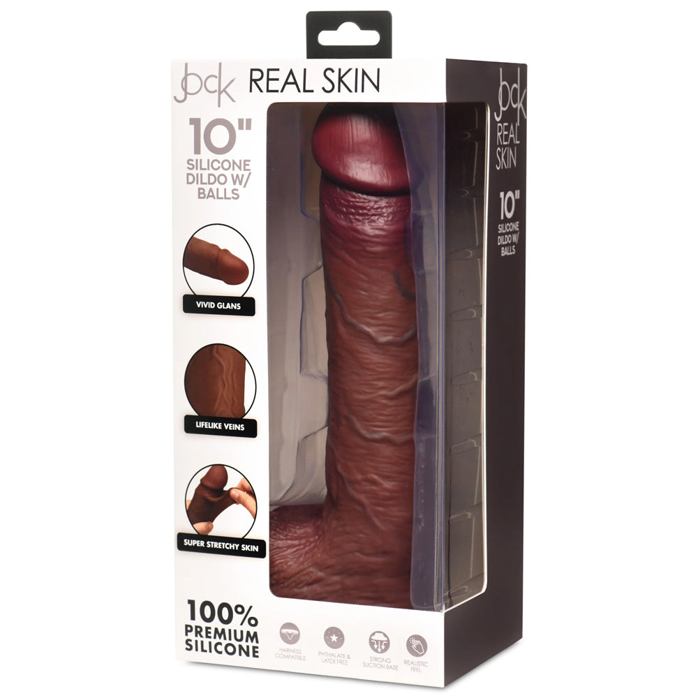 Jock Real Skin 10" Silicone Dildo W/ Balls Dark | 653078944808 | Available at EroticWarehouse.com