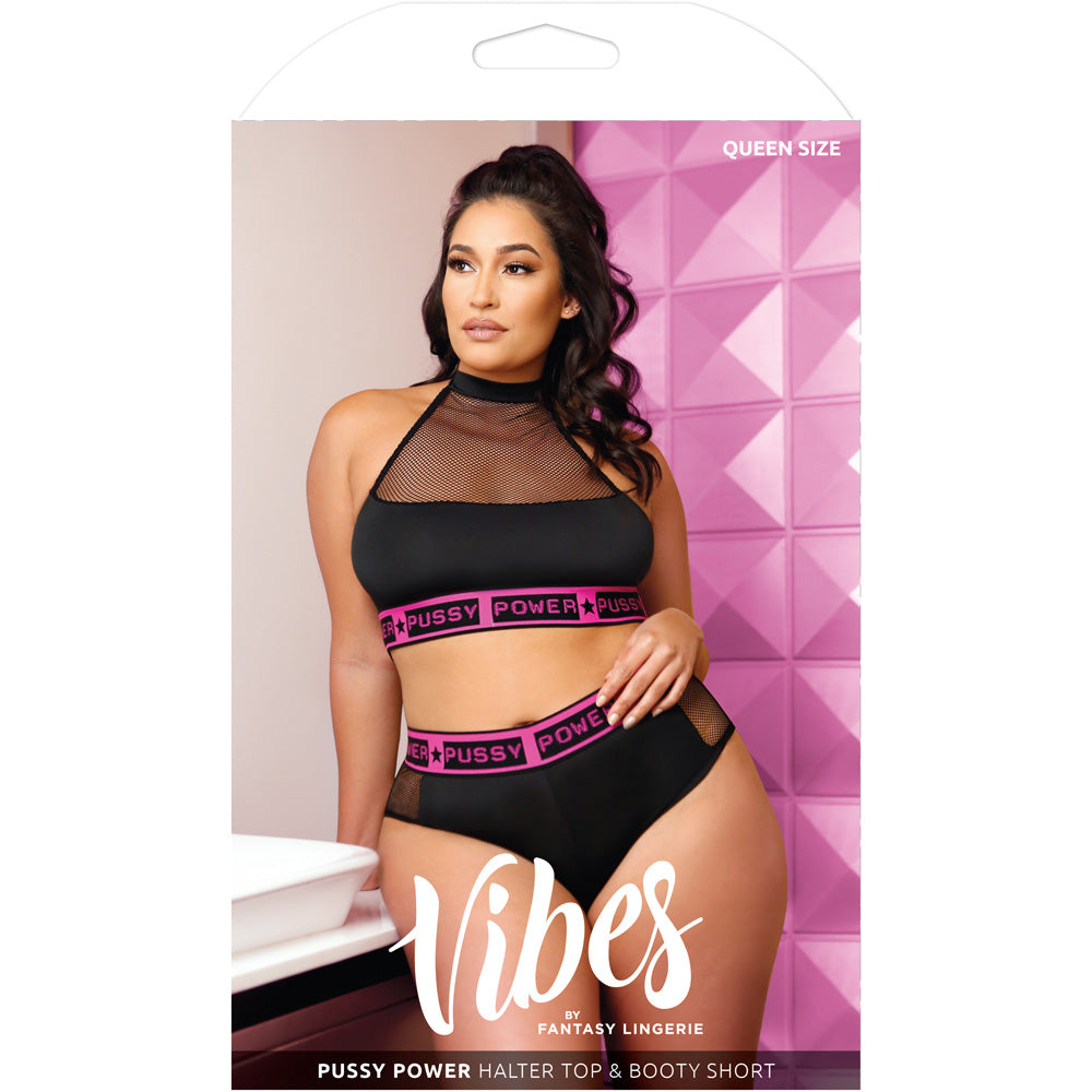 Pussy Power Halter Top & Booty Short Queen | 657447087417 | Available at EroticWarehouse.com