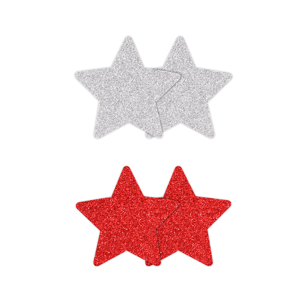 Pretty Pasties Glitter Stars Red/Silver 2 Pair | 657447107818 | Available at EroticWarehouse.com