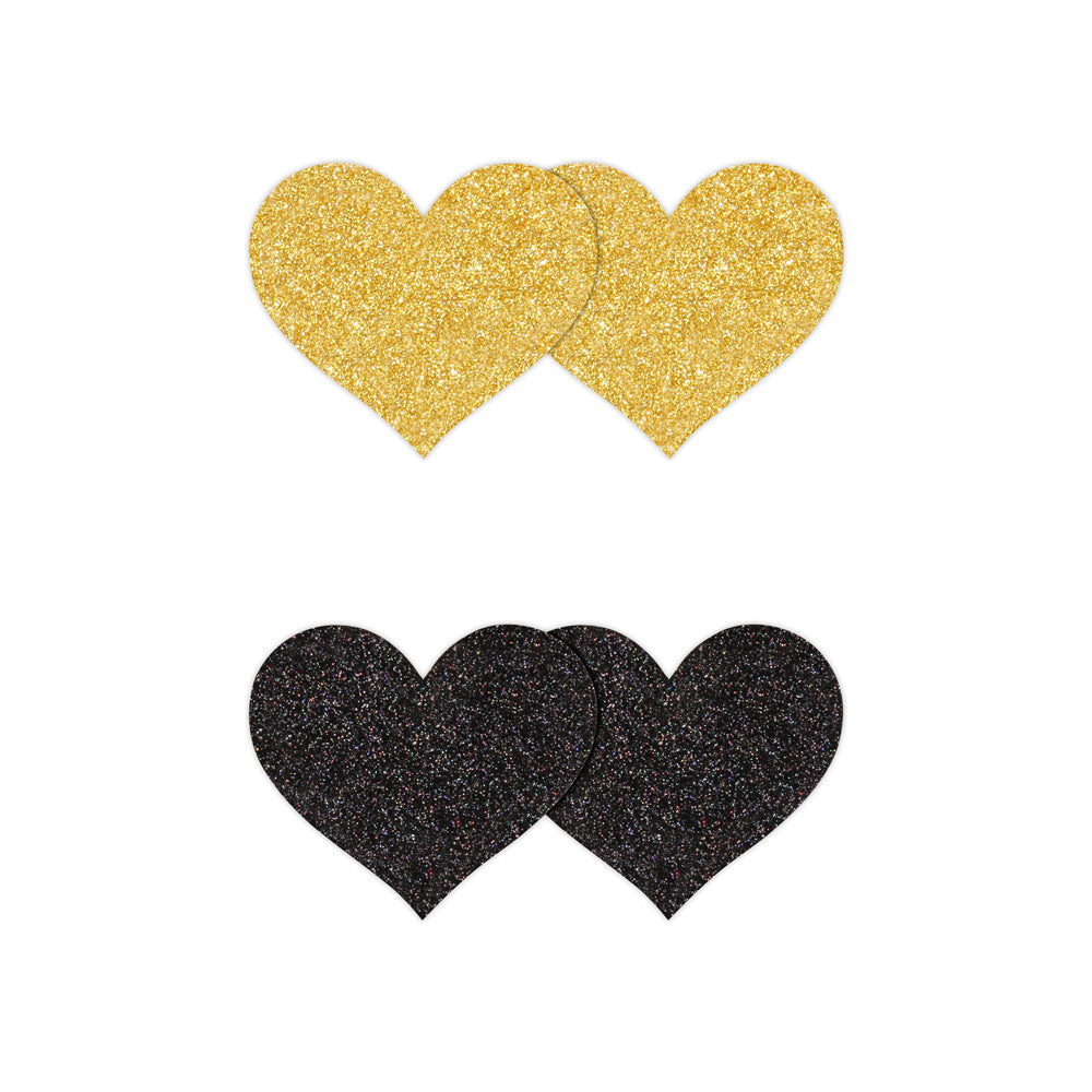 Pretty Pasties Glitter Hearts Black/Gold 2 Pair | 657447107825 | Available at EroticWarehouse.com