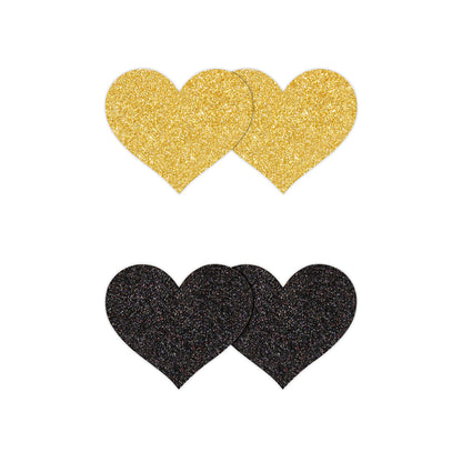 Pretty Pasties Glitter Hearts Black/Gold 2 Pair | 657447107825 | Available at EroticWarehouse.com