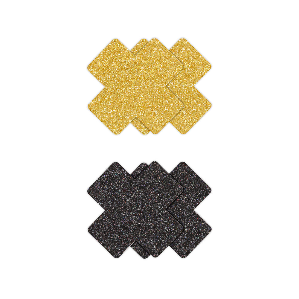 Pretty Pasties Glitter Cross Black/Gold 2 Pair | 657447107849 | Available at EroticWarehouse.com