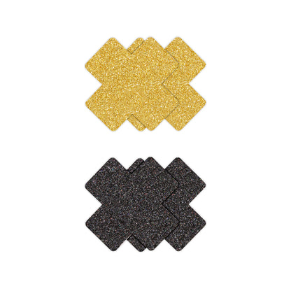 Pretty Pasties Glitter Cross Black/Gold 2 Pair | 657447107849 | Available at EroticWarehouse.com