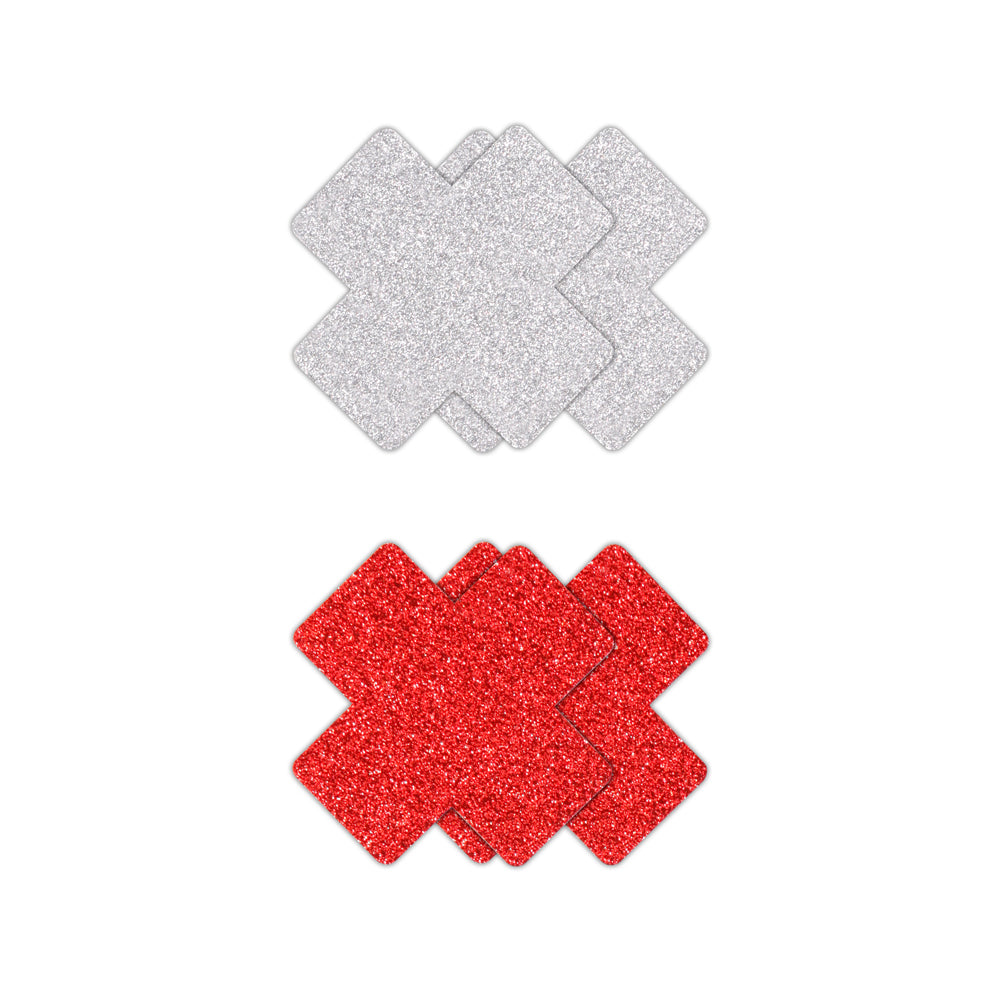 Pretty Pasties Glitter Cross Red/Silver 2 Pair | 657447107856 | Available at EroticWarehouse.com