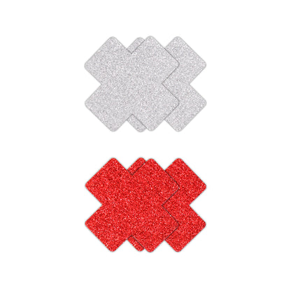 Pretty Pasties Glitter Cross Red/Silver 2 Pair | 657447107856 | Available at EroticWarehouse.com