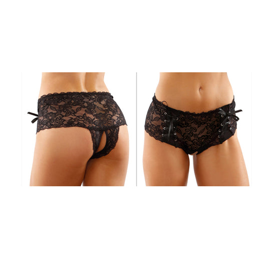 Magnolia Crotchless Boyshort With Lace-Up Panels S/M | 657447309786 | Available at EroticWarehouse.com