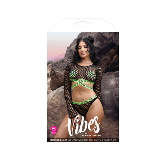 Fuck Ur Rules Long Sleeve Crop Top, Panty & Pasties S/M | 657447311093 | Available at EroticWarehouse.com