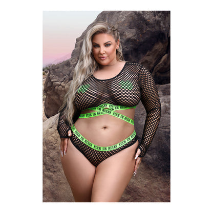 Fuck Ur Rules Long Sleeve Crop Top, Panty & Pasties Queen Size | 657447311147 | Available at EroticWarehouse.com