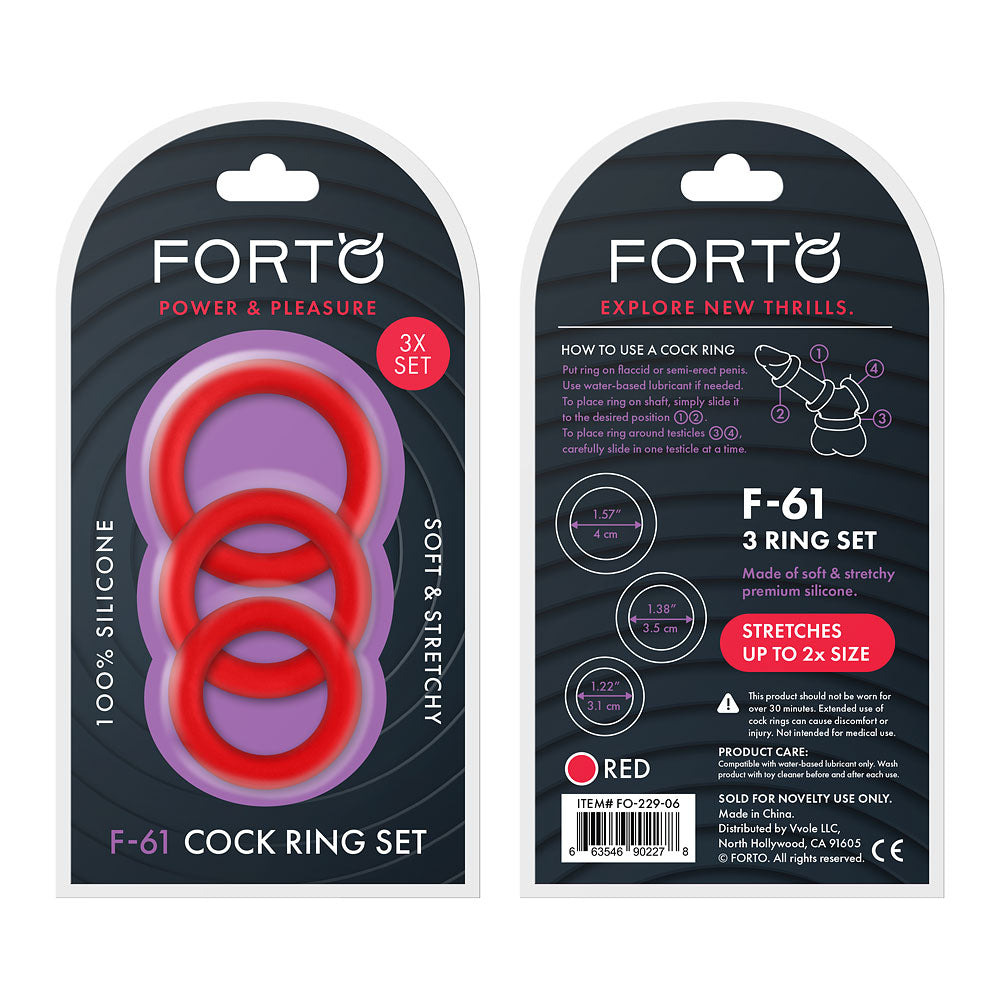 F-61: 3 Piece C-Ring Set 100% Silicone O/S Red | 663546902278 | Available at EroticWarehouse.com