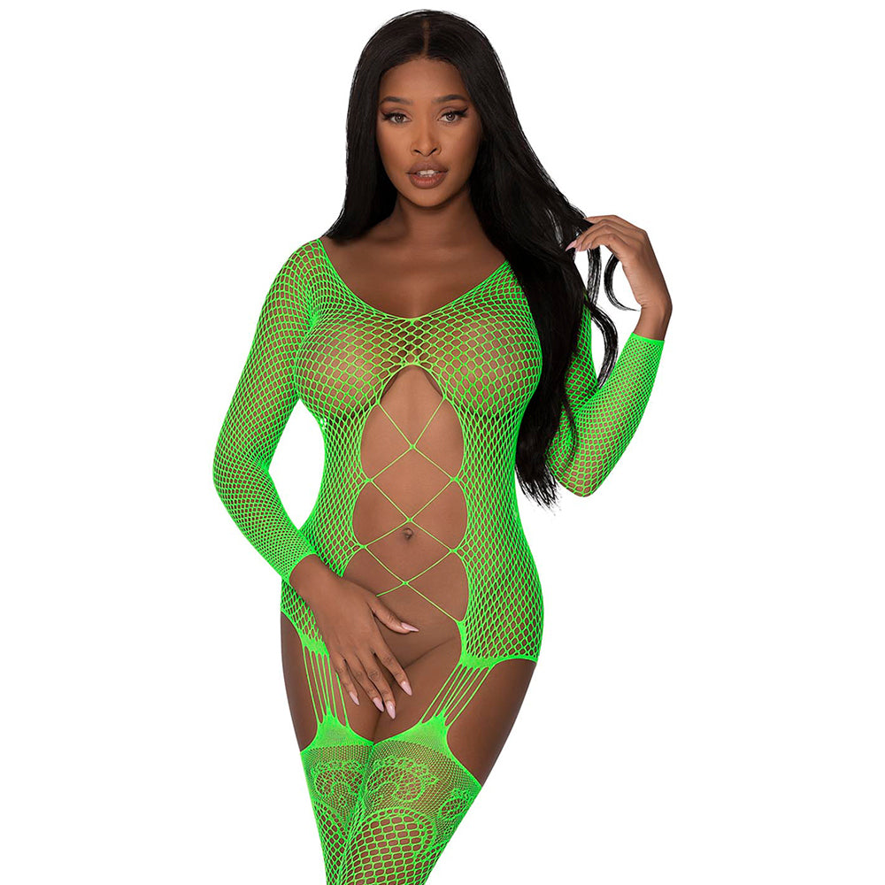 Fishnet Gartered Catsuit Lime One Size | 671241116159 | Available at EroticWarehouse.com