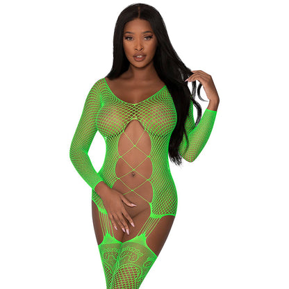 Fishnet Gartered Catsuit Lime One Size | 671241116159 | Available at EroticWarehouse.com