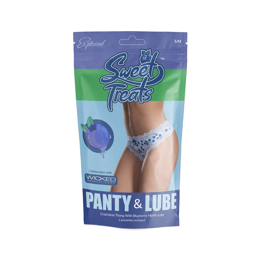 Sweet Treats Crotchless Thong W/ Lube Blueberry L/X | 671241123591 | Available at EroticWarehouse.com