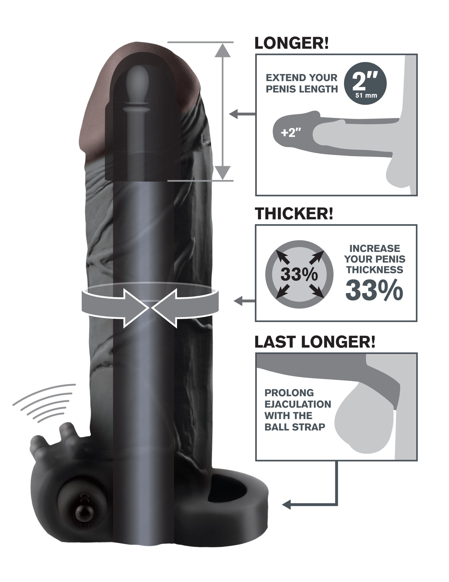 Fantasy X-Tensions Vibrating Real Feel 2-Inch Extension - Black | 603912345797 | Available at EroticWarehouse.com