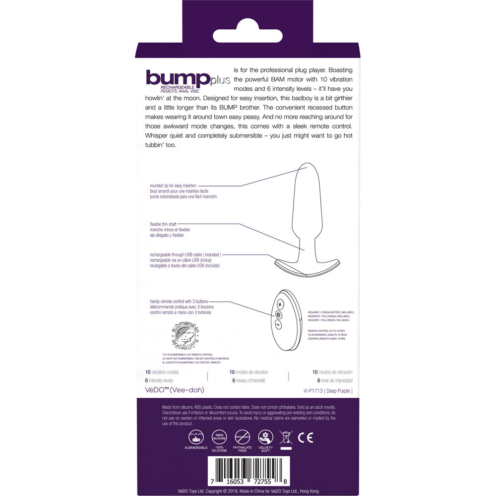 Bump Plus Rechargeable Remote Control Anal Vibe Deep Purple | 716053727558 | Available at EroticWarehouse.com