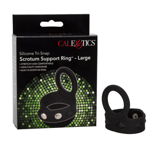 Silicone Tri-Snap Scrotum Support Ring Large Black | 716770087416 | Available at EroticWarehouse.com