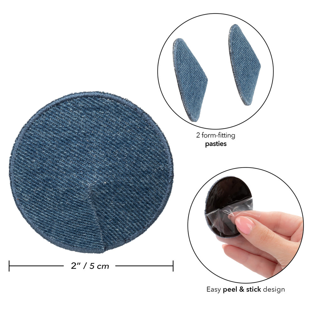 Ride 'Em Premium Denim Collection Round Pasties | 716770105462 | Available at EroticWarehouse.com