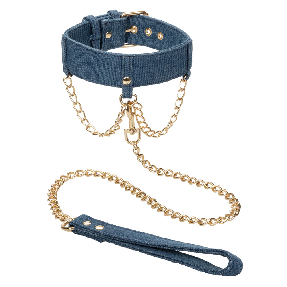 Ride 'Em Premium Denim Collection Collar With Leash | 716770105523 | Available at EroticWarehouse.com