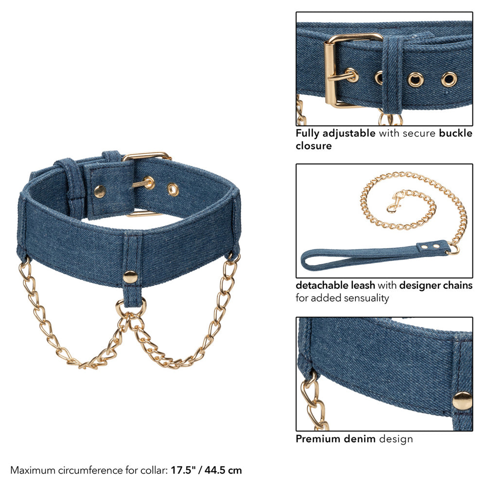 Ride 'Em Premium Denim Collection Collar With Leash | 716770105523 | Available at EroticWarehouse.com