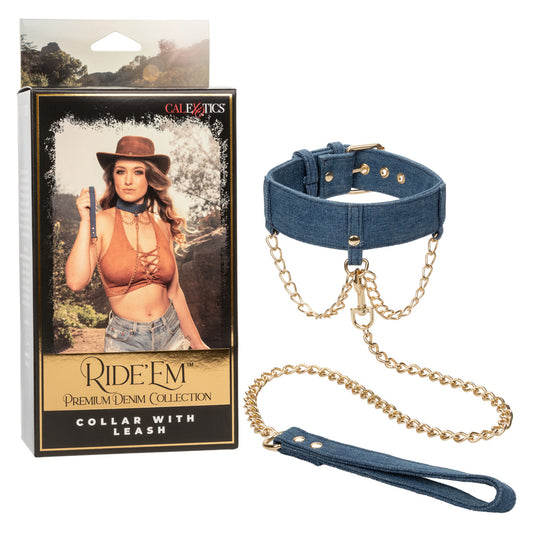 Ride 'Em Premium Denim Collection Collar With Leash | 716770105523 | Available at EroticWarehouse.com