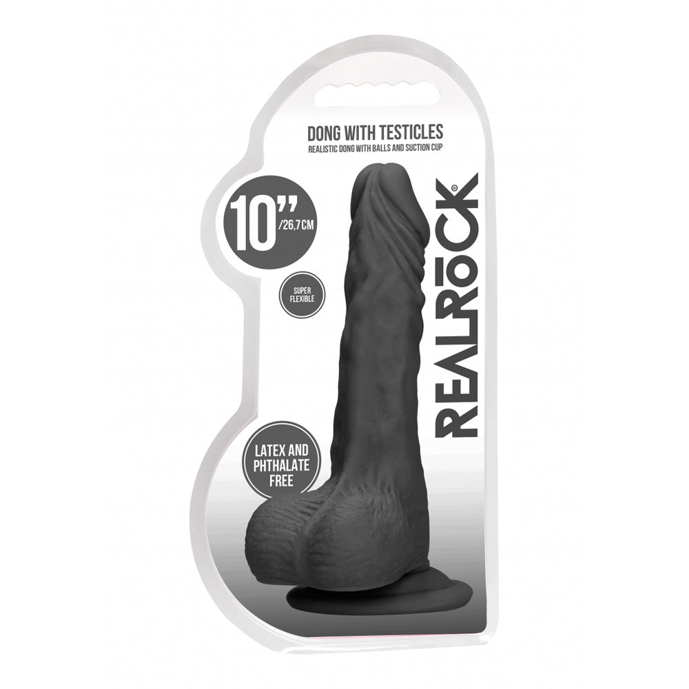 Realrock Dong With Testicles 10" Black | 7423522548509 | Available at EroticWarehouse.com