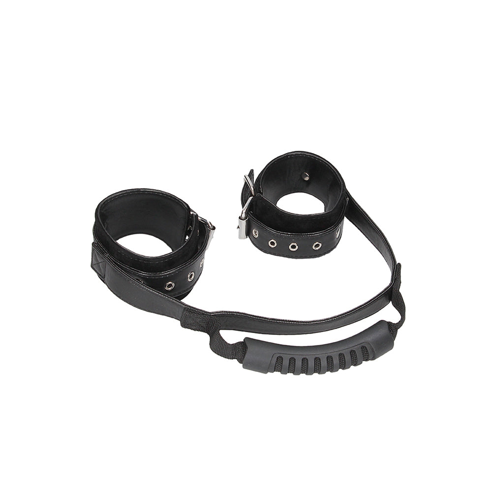 Ouch! Black & White Bonded Leather Hand Cuffs With Handle With Adjustable Straps | 7423522574522 | Available at EroticWarehouse.com