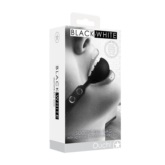 Ouch! Black & White Silicone Ball Gag With Adjustable Bonded Leather Straps | 7423522575567 | Available at EroticWarehouse.com