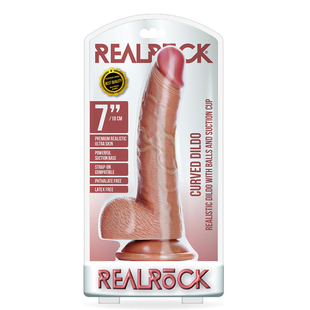 Curved Realistic Dildo With Balls And Suction Cup 7'' Tan | 7423522627693 | Available at EroticWarehouse.com