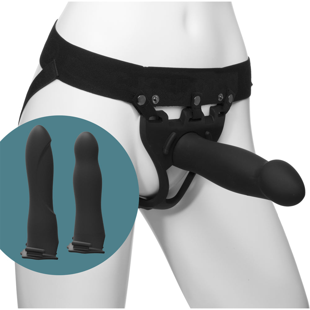 Body Extensions Be Ready 4-Piece Set Silicone Harness with 7" Bulbed / 7.5" Slim / 8" Large Dong Black | 782421070311 | Available at EroticWarehouse.com