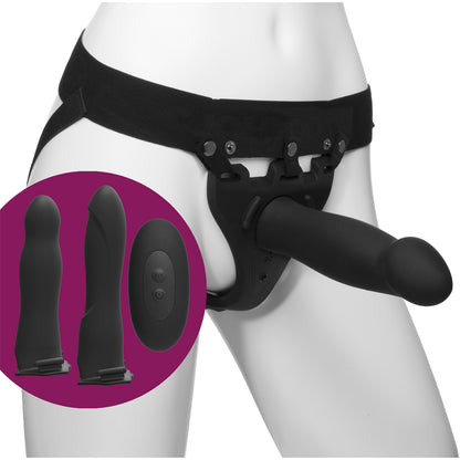 Body Extensions Be Naughty 4-Piece Set Vibrating Harness with 7" Bulbed / 7.5" Slim / 8" Large Dong Black | 782421070366 | Available at EroticWarehouse.com