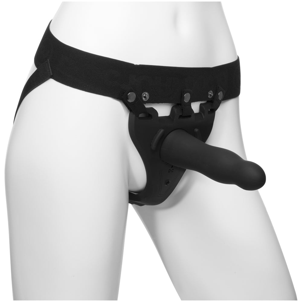Body Extensions Be Aroused 2-Piece Set Rechargeable Vibrating Silicone Harness with 7" Bulbed Dong Black | 782421070373 | Available at EroticWarehouse.com