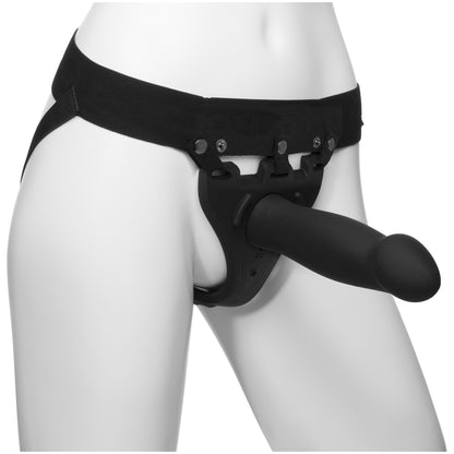 Body Extensions Be Risqu&eacute; 2-Piece Set Rechargeable Vibrating Silicone Harness with 8" Large Dong Black | 782421070397 | Available at EroticWarehouse.com