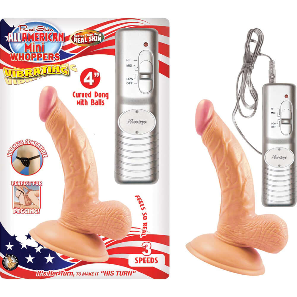 All American Mini Whoppers Vibrating 4" Curved Dong W/Balls Flesh | 782631239119 | Available at EroticWarehouse.com