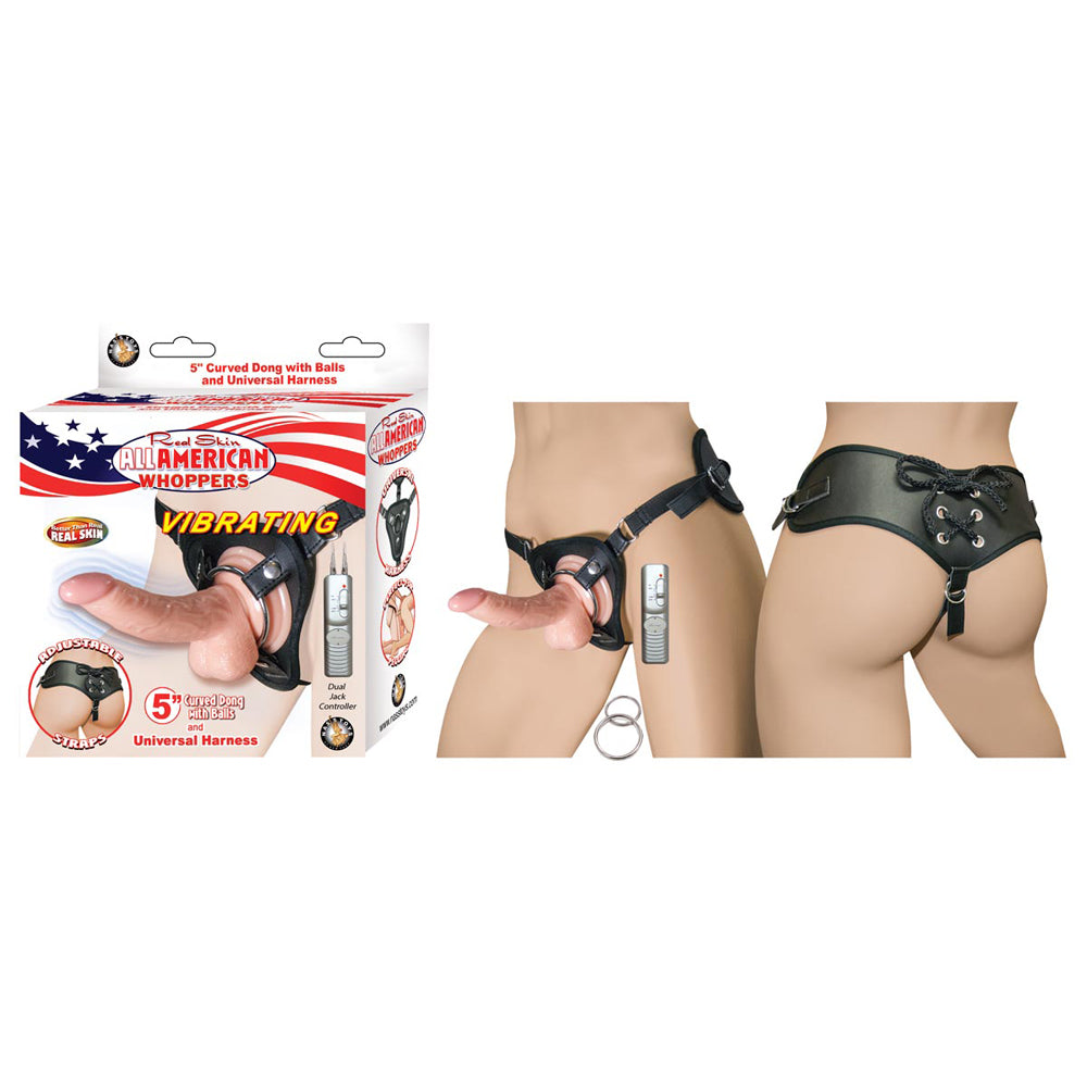All American Whoppers Vibrating 5" Curved Dong W/Balls & Universal Harness White | 782631280319 | Available at EroticWarehouse.com