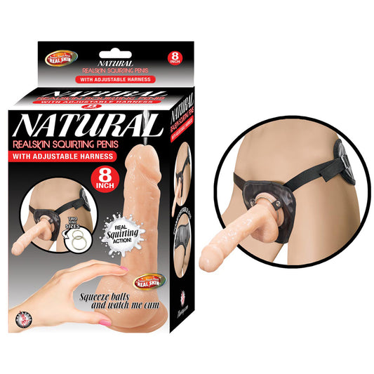 Natural Realskin Squirting Penis W/Adjustable Harness 8" White | 782631286007 | Available at EroticWarehouse.com