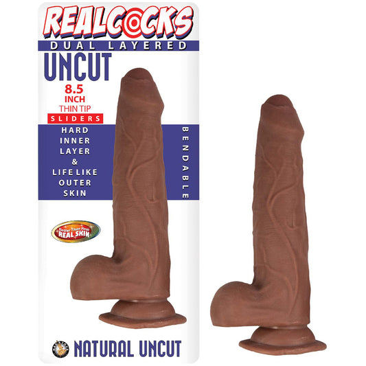 Realcocks Dual Layered Uncut Slider 8.5" Thin Tip Brown | 782631306521 | Available at EroticWarehouse.com