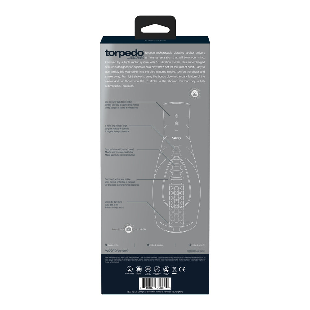 Torpedo Rechargeable Vibrating Stroker Just Black | 789185756864 | Available at EroticWarehouse.com