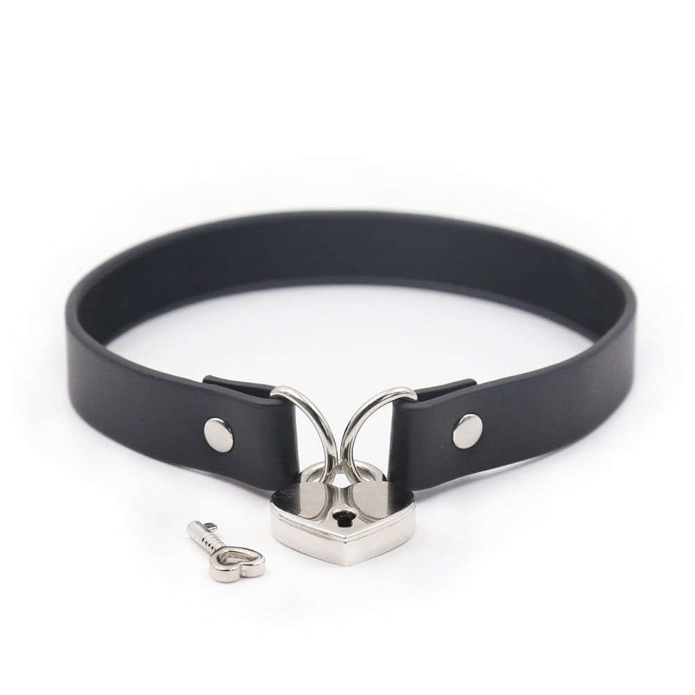 PVC Collar Choker W/ Heart Lock Connector Black | 802991614194 | Available at EroticWarehouse.com
