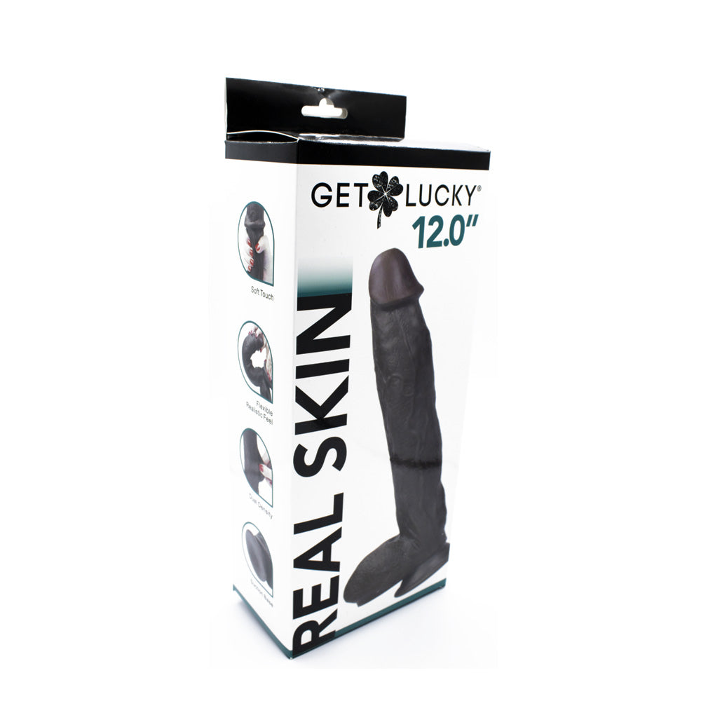 Get Lucky Real Skin 12" Dual Layer Dildo Dark Brown | 812024033250 | Available at EroticWarehouse.com