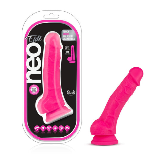 Neo Elite 7.5" Silicone Dual Density Cock With Balls Neon Pink | 819835022084 | Available at EroticWarehouse.com