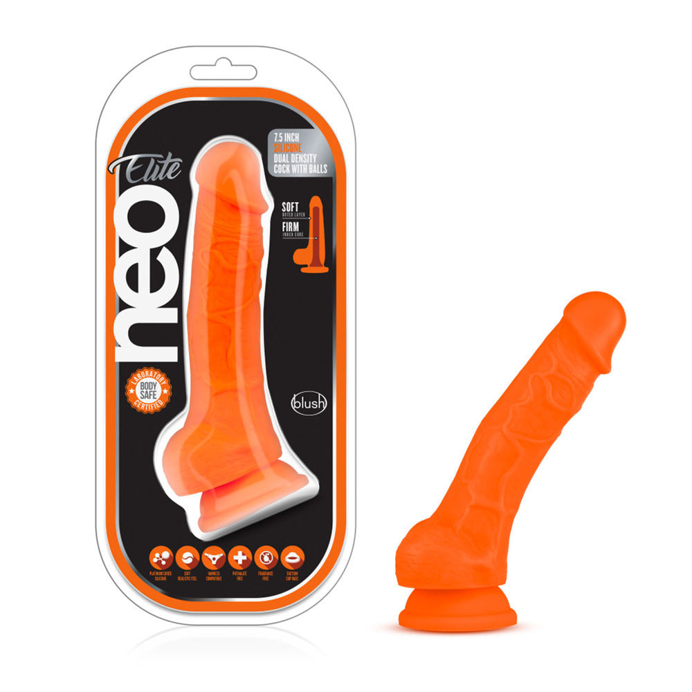 Neo Elite 7.5" Silicone Dual Density Cock With Balls Neon Orange | 819835022091 | Available at EroticWarehouse.com