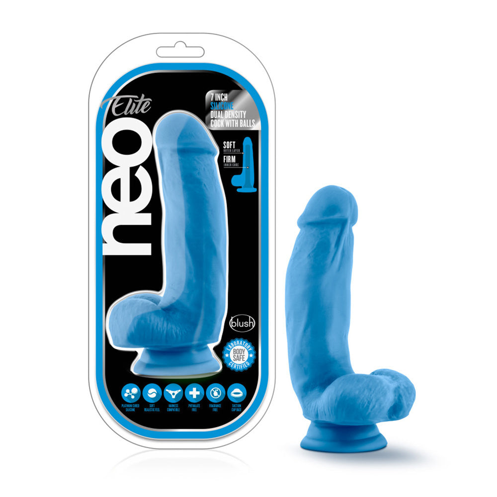 Neo Elite 7" Silicone Dual Density Cock With Balls Neon Blue | 819835022138 | Available at EroticWarehouse.com