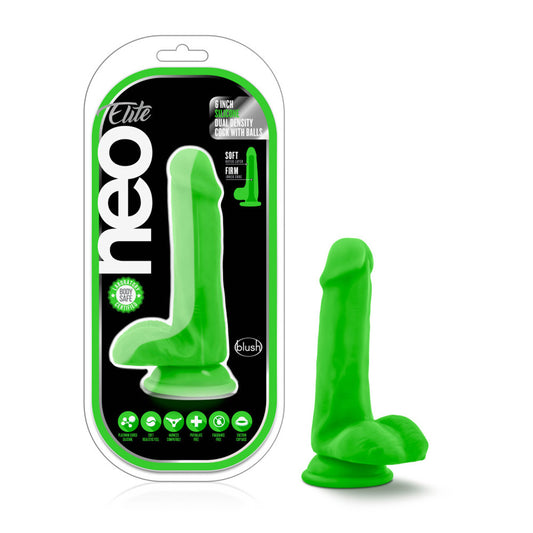 Neo Elite 6" Silicone Dual Density Cock With Balls Neon Green | 819835022152 | Available at EroticWarehouse.com